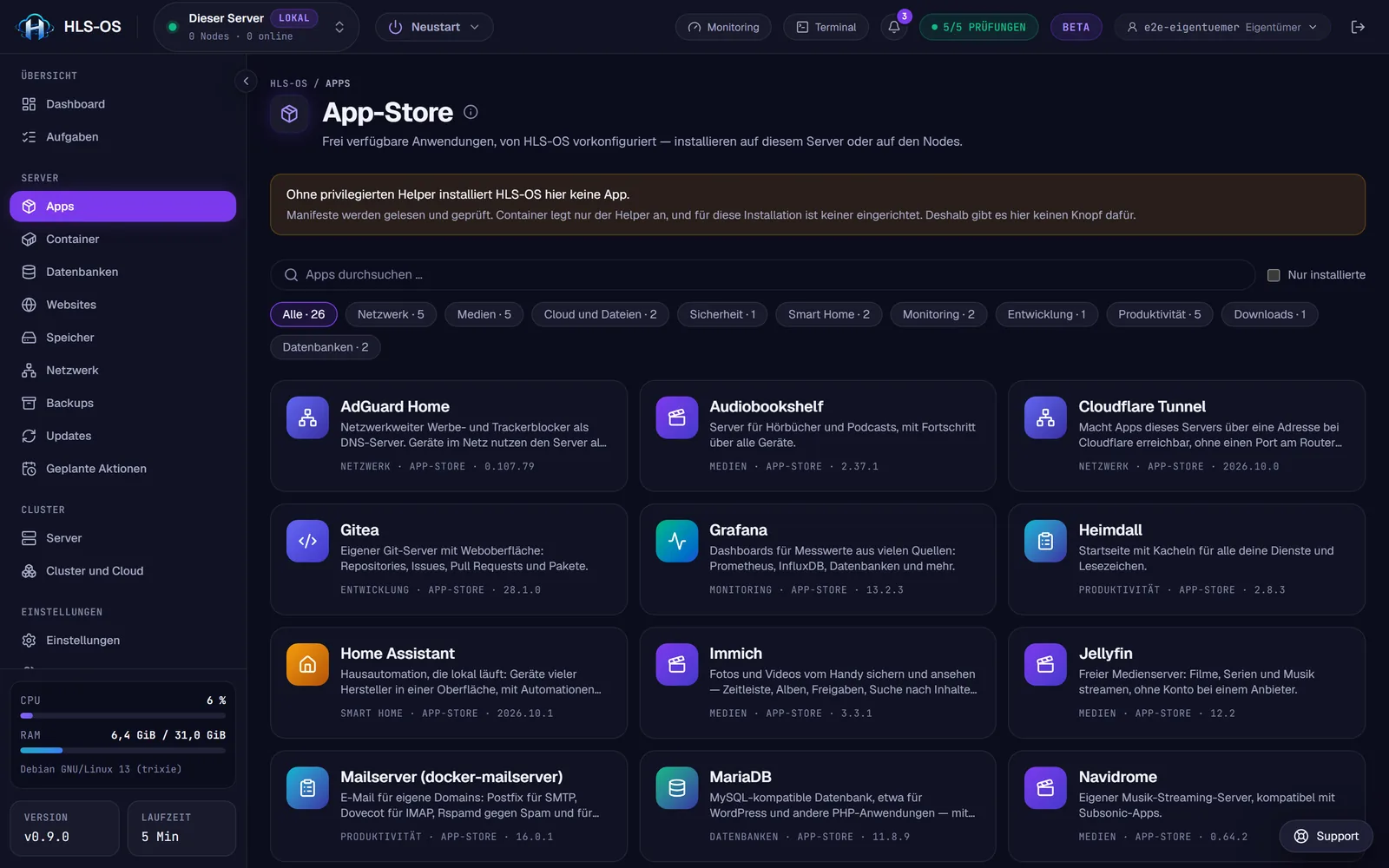 App-Store mit Suche, Kategorien und Kacheln für die Apps.