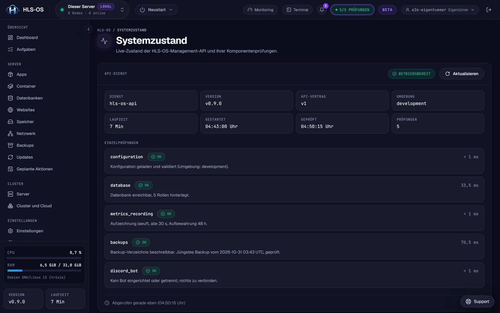 Systemzustand mit Version, Laufzeit und den Prüfungen für Konfiguration, Datenbank, Aufzeichnung, Backups und Discord-Bot.